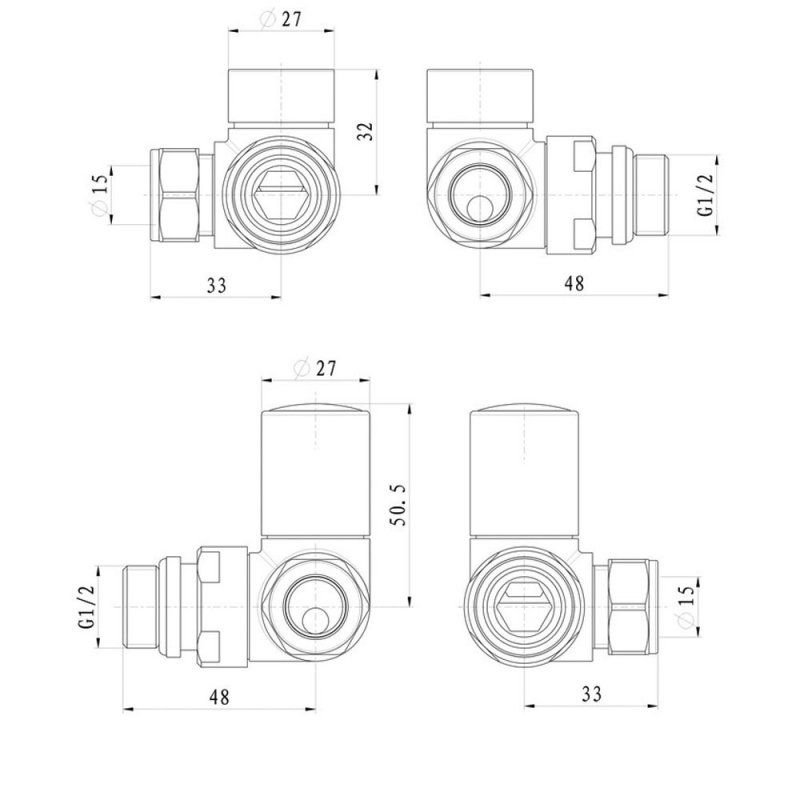 Signature Corner Round Radiator Valves (Pair) - Anthracite  | Dimension Image