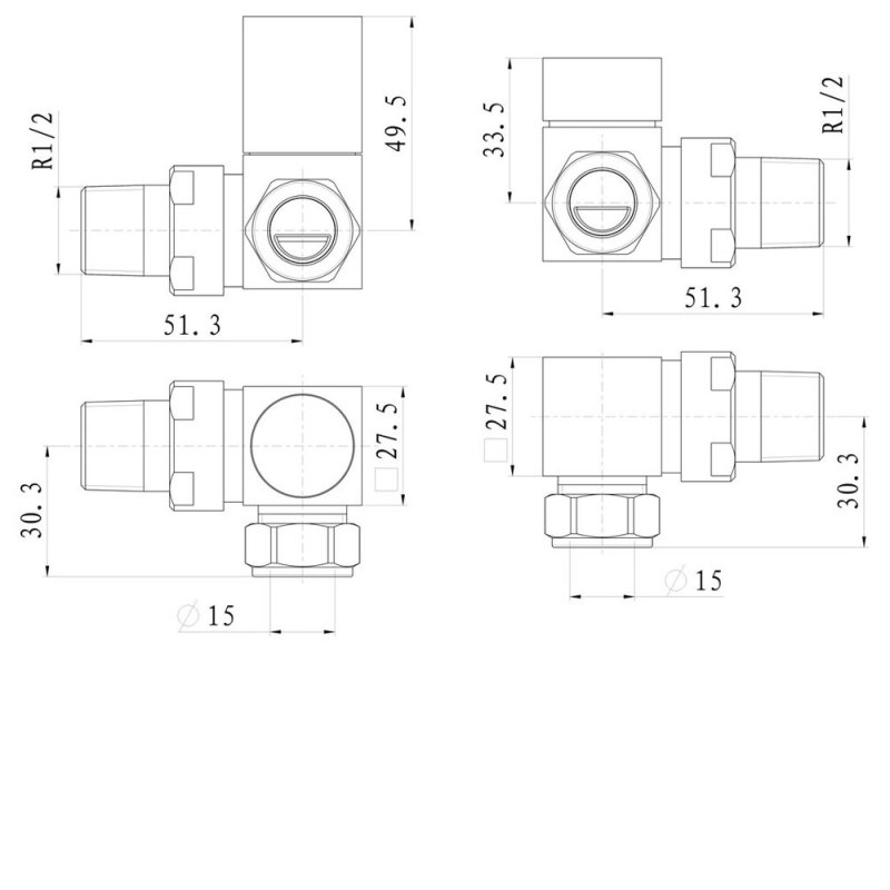 Signature Square Corner Radiator Valves (Pair) - Chrome  | Dimension Image