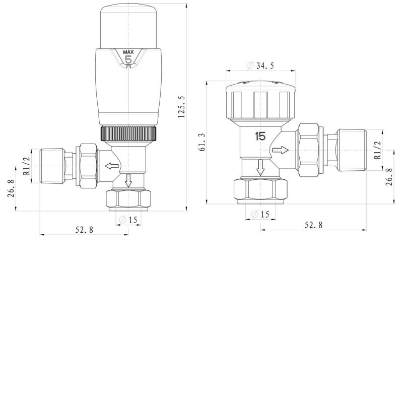 Signature Angled Thermostatic Radiator Valve + Lockshield - Chrome  | Dimension Image