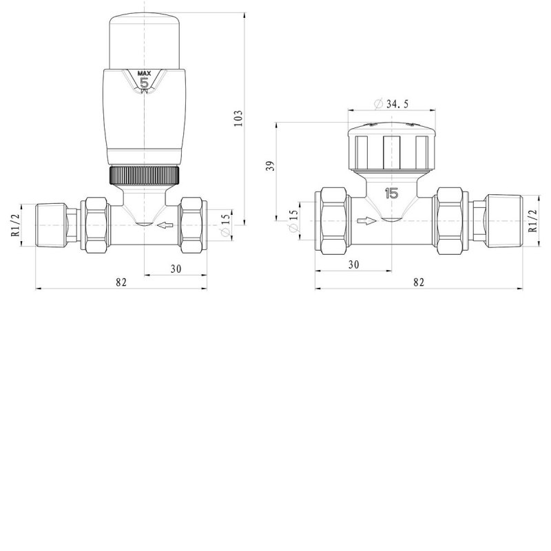 Signature Straight Thermostatic Radiator Valve + Lockshield - Chrome  | Dimension Image
