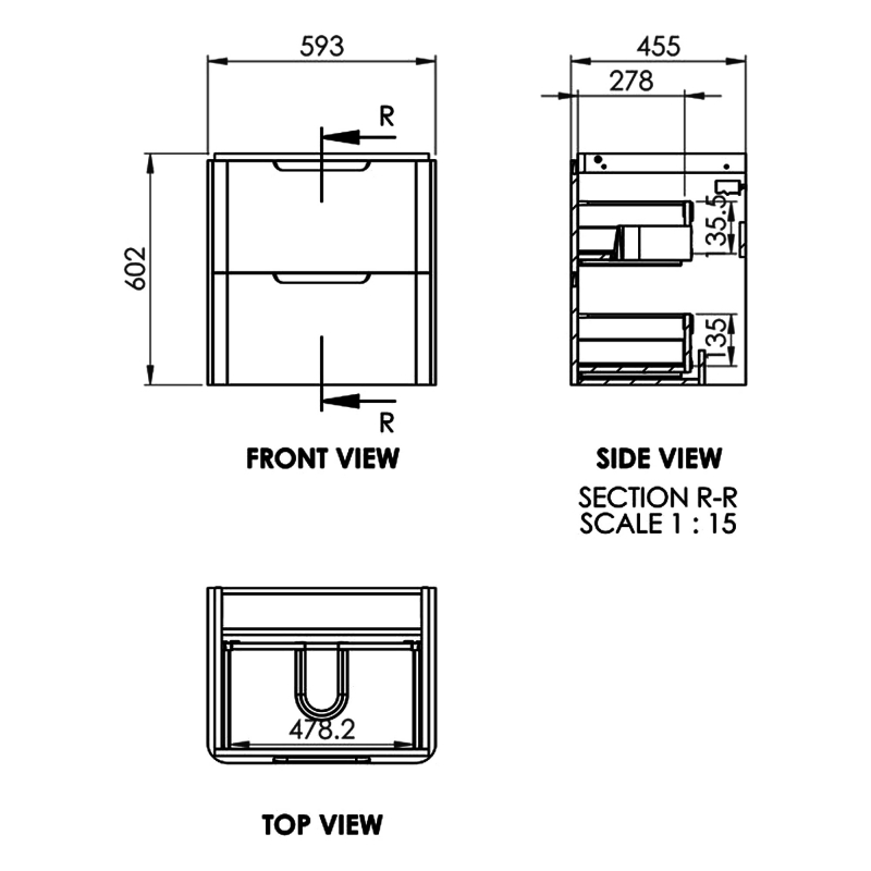 Signature Randers Wall Hung 2-Drawer Vanity Unit with Basin 600mm Wide - Matt Grey  | Dimension Image