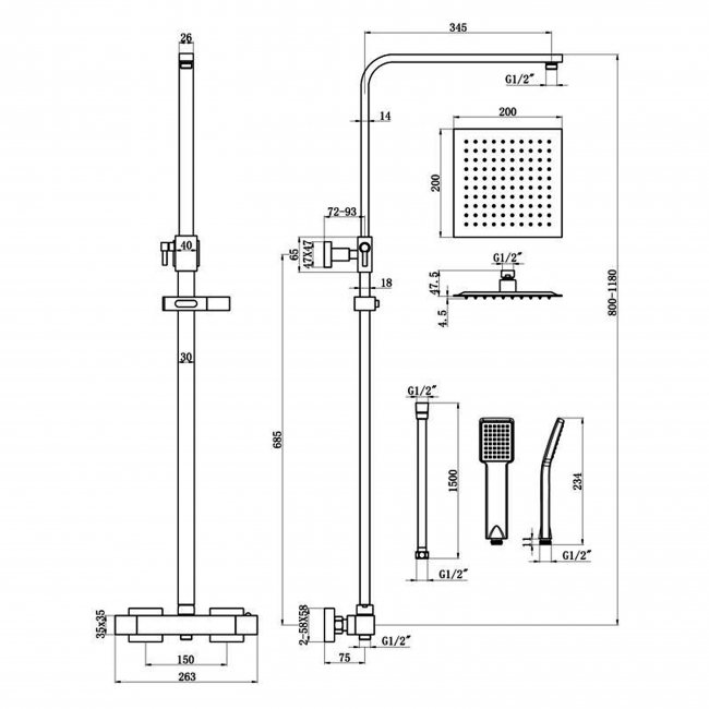 Signature React Square Thermostatic Bar Mixer Shower with Shower Kit + Fixed Head - Brushed Bronze