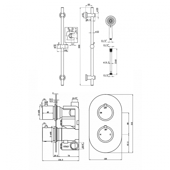 Signature Reflex Thermostatic Concealed Shower Valve with Adjustable Slide Rail Kit - Matt Black