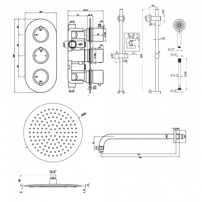 Signature Reflex Thermostatic Triple Concealed Mixer Shower with Shower Kit + Fixed Shower Head - Brushed Brass