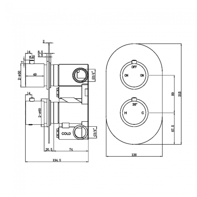 Signature Reflex Thermostatic 2 Outlet Concealed Shower Valve Double Handle - Chrome