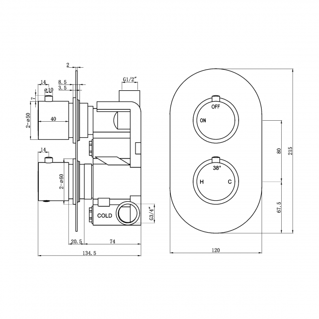 Signature Reform Thermostatic 1 Outlet Concealed Shower Valve Dual Handle - Chrome