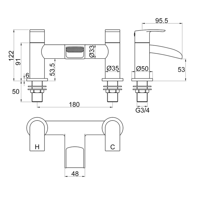 Signature Deluge Bath Filler Tap Pillar Mounted - Chrome