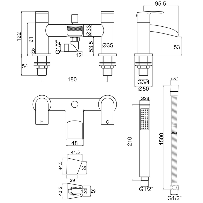 Signature Deluge Bath Shower Mixer Tap with Shower Kit and Bracket - Chrome