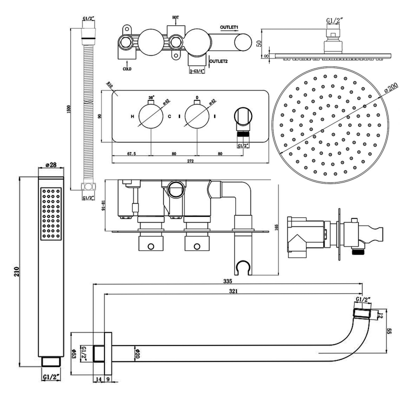 Signature Revive Pack Two Outlet Concealed Shower Valve Dual Handle with Handset + Brass Fixed Head - Chrome