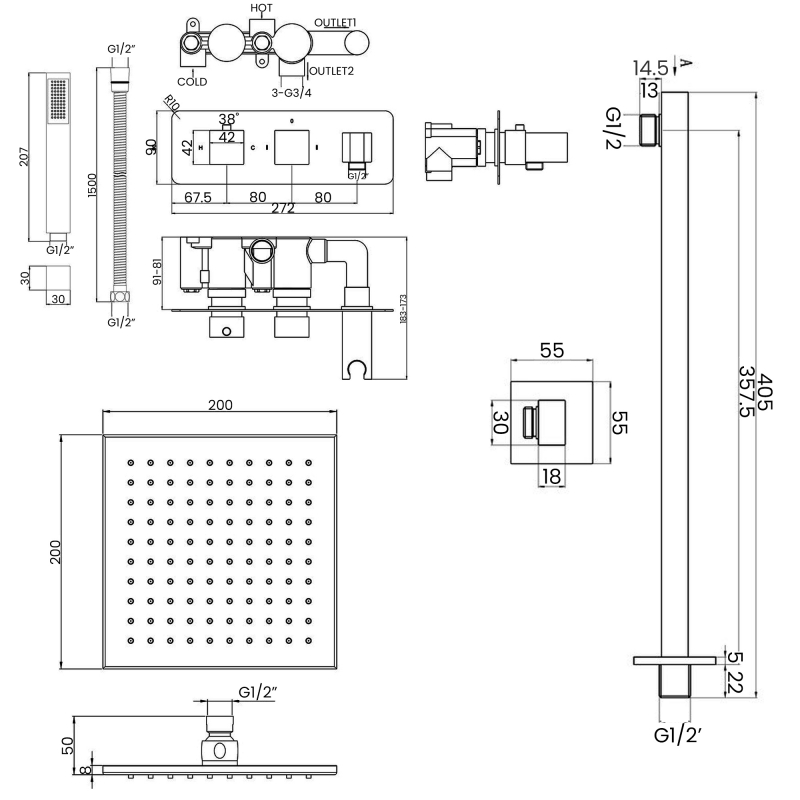 Signature Ritual Thermostatic Dual Concealed Mixer Shower with Shower Kit + Brass Fixed Shower Head - Chrome