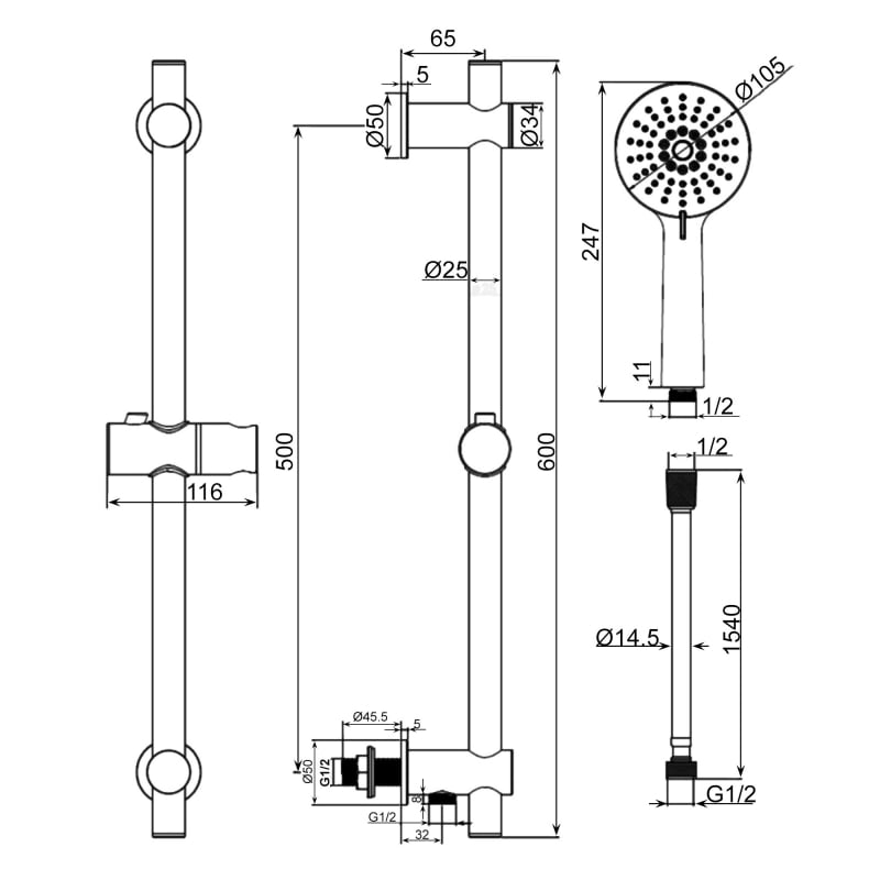 Signature Round Shower Slide Rail Kit with Three Function Handset - Chrome