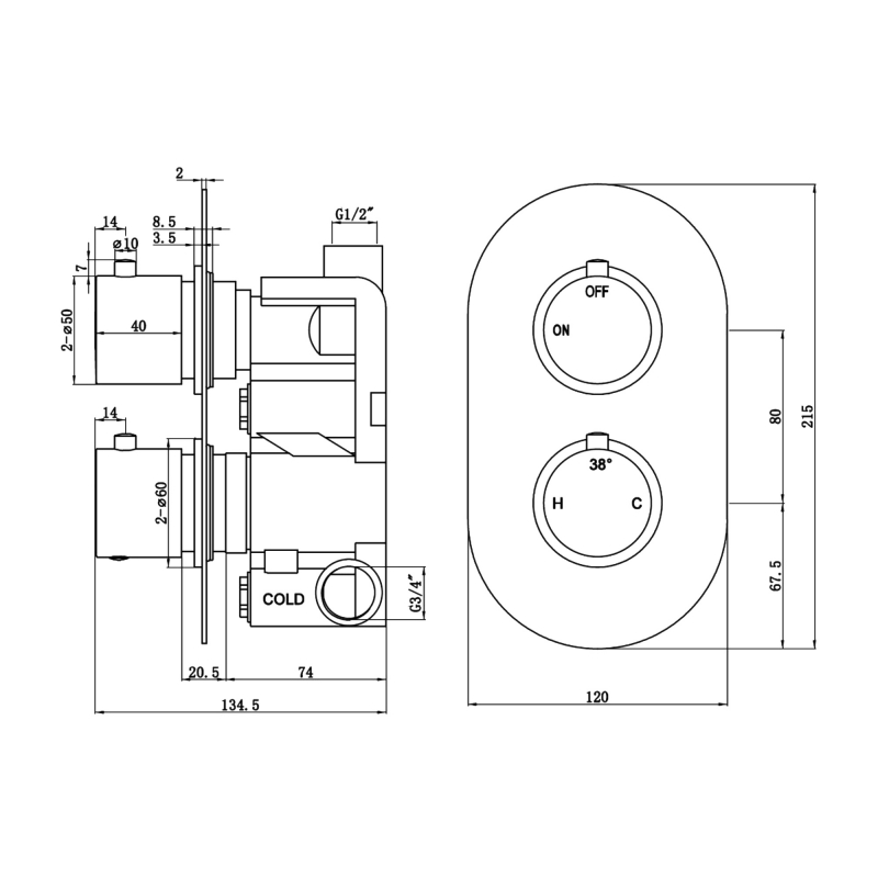 Signature Thermostatic Round 1 Outlet Concealed Shower Valve Dual Handle - Black