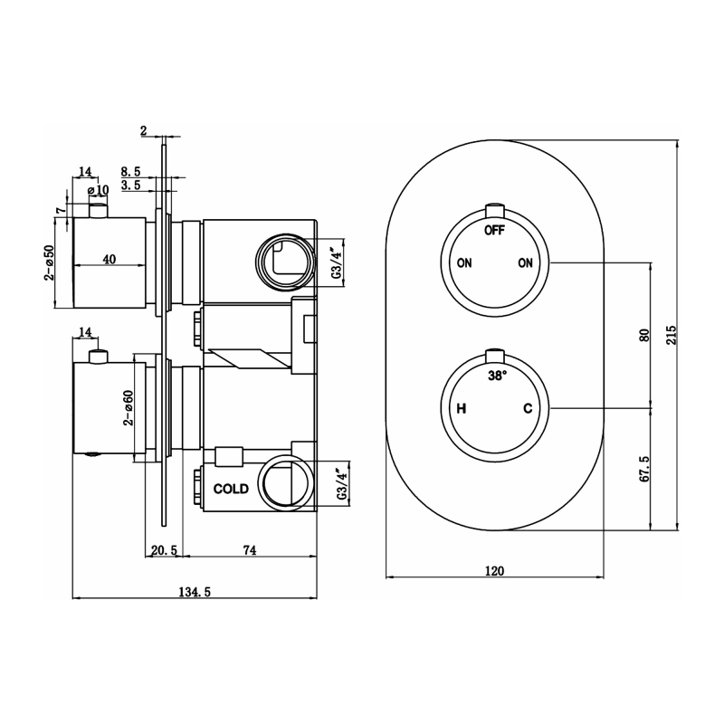 Signature Reflex Thermostatic Round 2 Outlet Concealed Shower Valve Dual Handle - Brushed Bronze