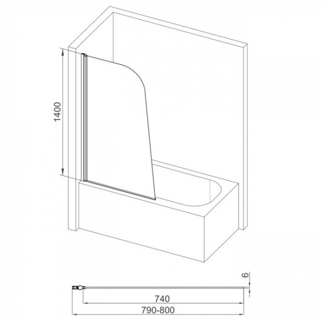 Signature Spacesaver Sail Hinged Bath Screen with Rail 1400mm High x 800mm Wide - 6mm Glass