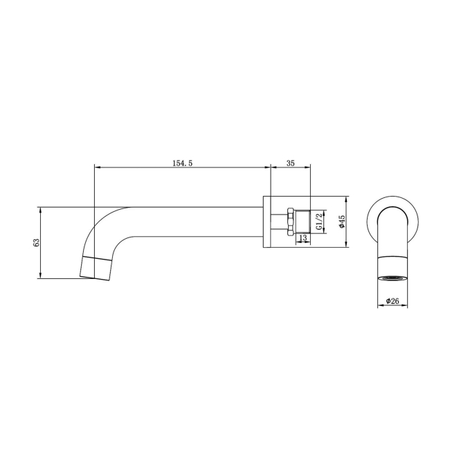 Signature Sail 2-Hole Mono Basin Mixer Tap Wall Mounted 155mm Spout Reach - Brushed Brass  | Dimension Image