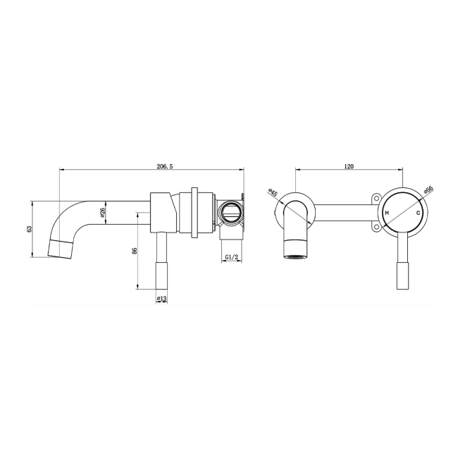Signature Sail 2-Hole Mono Basin Mixer Tap Wall Mounted 220mm Spout Reach - Chrome  | Dimension Image