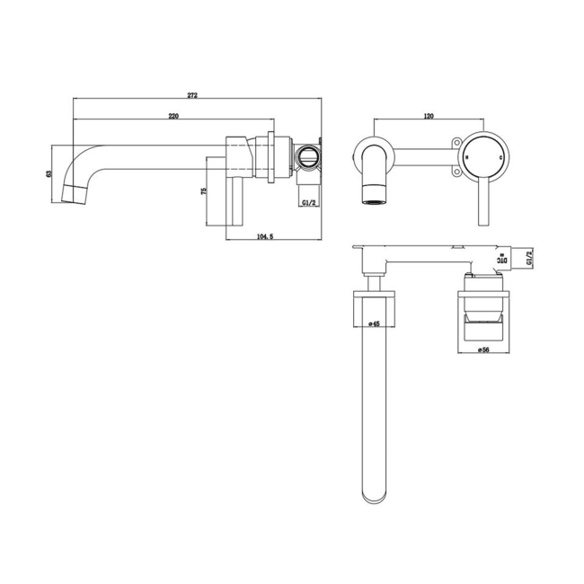 Signature Sail 2-Hole Mono Basin Mixer Tap Wall Mounted 220mm Spout Reach - Brushed Brass  | Dimension Image