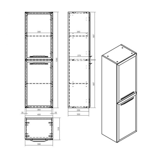 Signature Scribe Wall Hung 2-Door Tall Unit 400mm Wide - Matt Misty Blue  | Dimension Image
