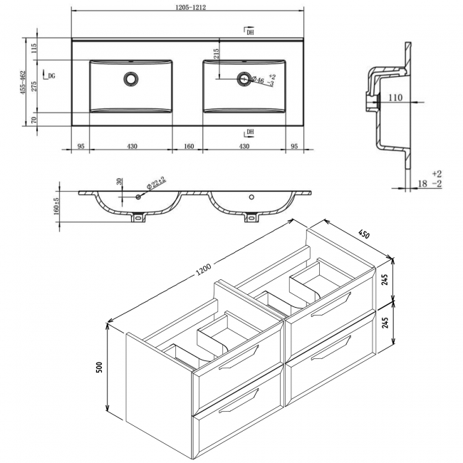 Signature Scribe Wall Hung 4-Drawer Vanity Unit with 0TH Basin 1210mm Wide - Matt White  | Dimension Image