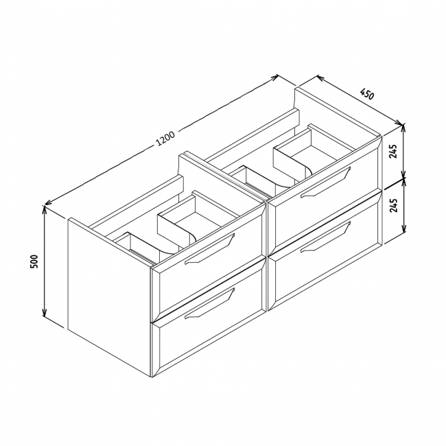 Signature Scribe Wall Hung 4-Drawer Vanity Unit with 2TH Basin 1210mm Wide - Matt White  | Dimension Image
