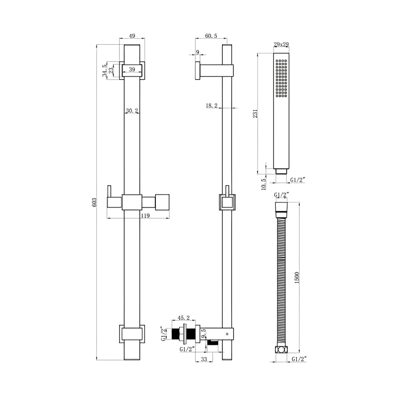 Signature Square Premium Shower Slide Rail Kit with Single Function Handset and Elbow - Chrome
