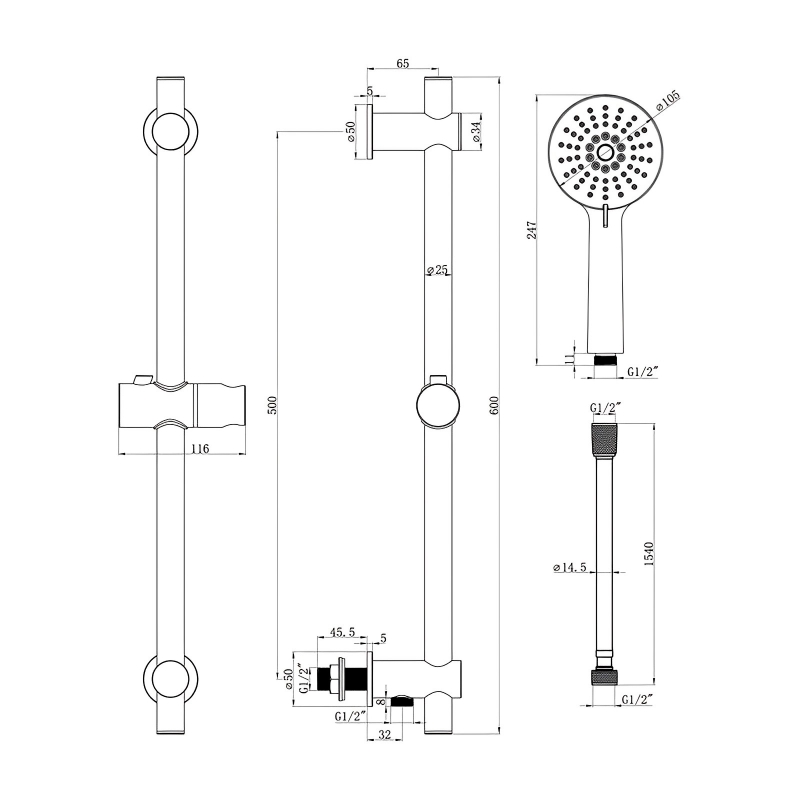 Signature Round Premium Shower Slide Rail Kit with Three Function Handset and Elbow - Chrome