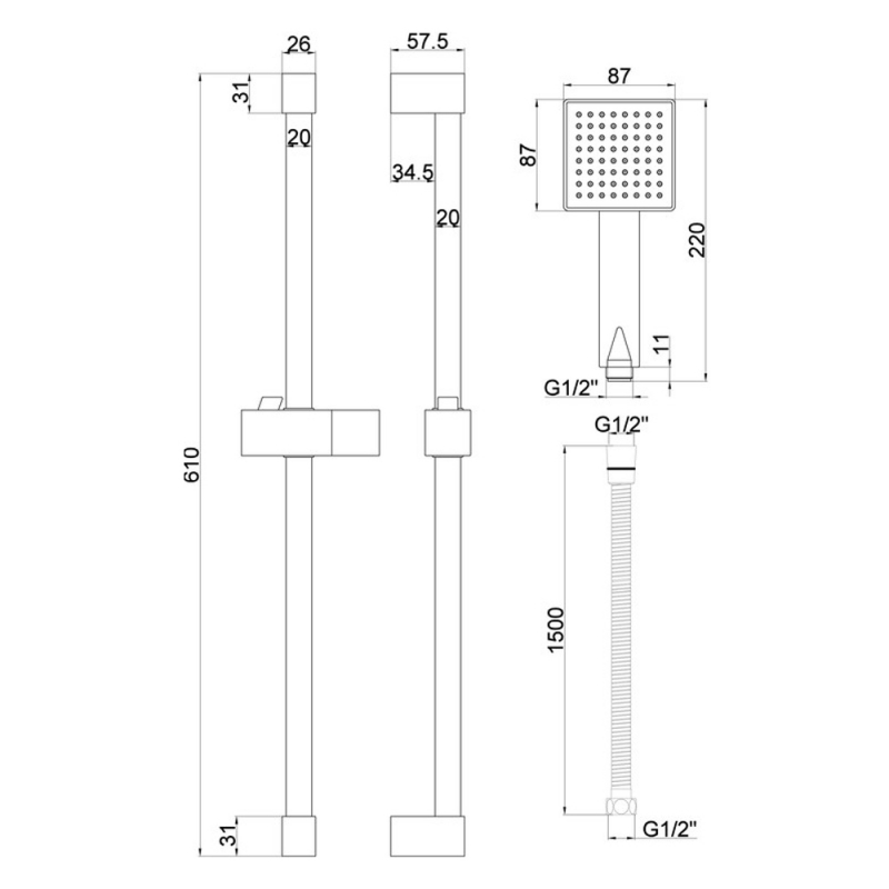 Signature Square Shower Slide Rail Kit with Single Function Handset - Chrome