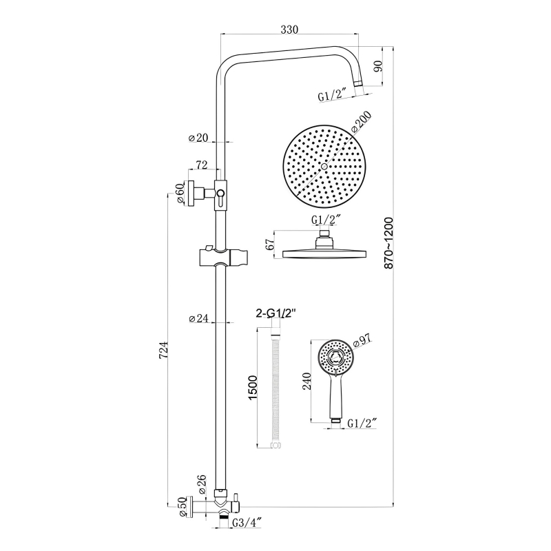 Signature Round Shower Riser Kit with Three Function Handset and Fixed Head - Chrome
