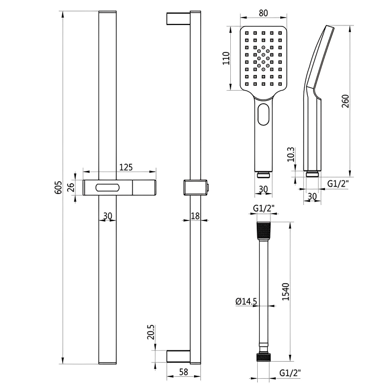Signature Square Push Button Shower Kit with Three Function Handset - Chrome