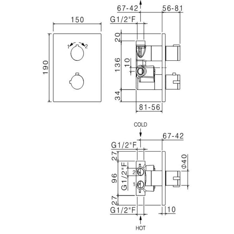 Vema Rectangular Plate Thermostatic Concealed Shower Valve Dual Handle - Chrome