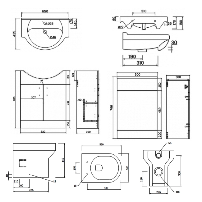 Signature Skyline Combination Unit with Ceramic Basin 1155mm Wide - White Gloss  | Dimension Image