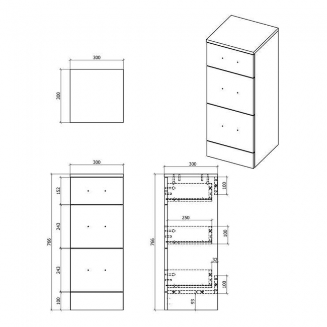 Signature Skyline Storage Unit 3-Drawer 300mm Wide - Gloss White