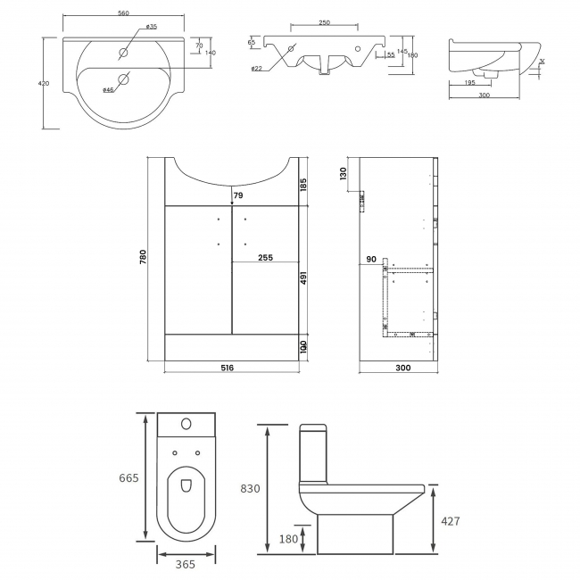 Signature Skyline Bathroom Suite with Floor Standing Vanity Unit 550mm Wide - 1 Tap Hole
