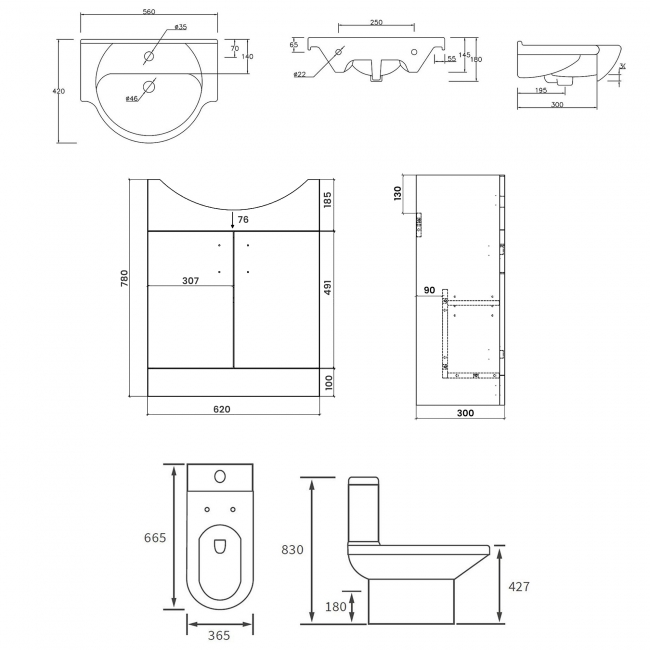 Signature Skyline Bathroom Suite with Floor Standing Vanity Unit 650mm Wide - 1 Tap Hole  | Dimension Image