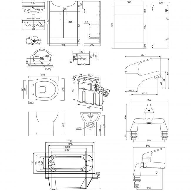 Signature Skyline Complete Bathroom Furniture Suite with Single Ended 1700mm X 700mm Bath