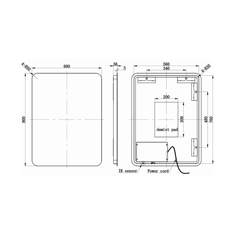 Signature Sophia Front-Lit LED Bathroom Mirror with Demister Pad 800mm H x 600mm W  | Dimension Image