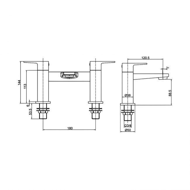 Signature Spectacle Bath Filler Tap Pillar Mounted - Chrome  | Dimension Image