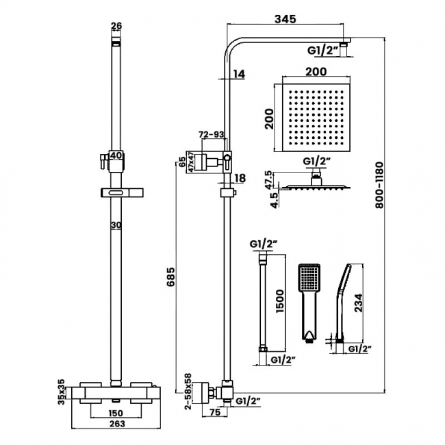 Signature Square Thermostatic Bar Mixer Shower with Shower Kit + Fixed Head - Brushed Brass