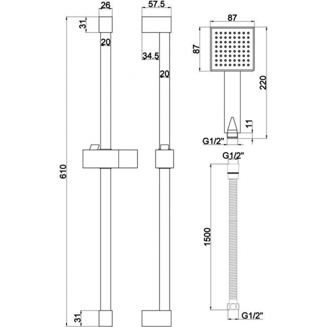 Signature Square Shower Slide Rail Kit with Single Function Handset - Brushed Brass