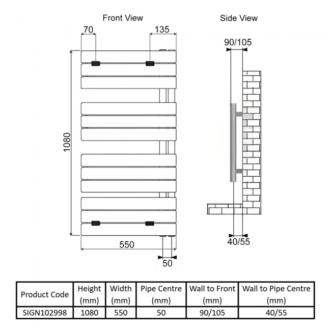 Signature Status Curved Designer Heated Towel Rail 1080mm H x 550mm W - Chrome