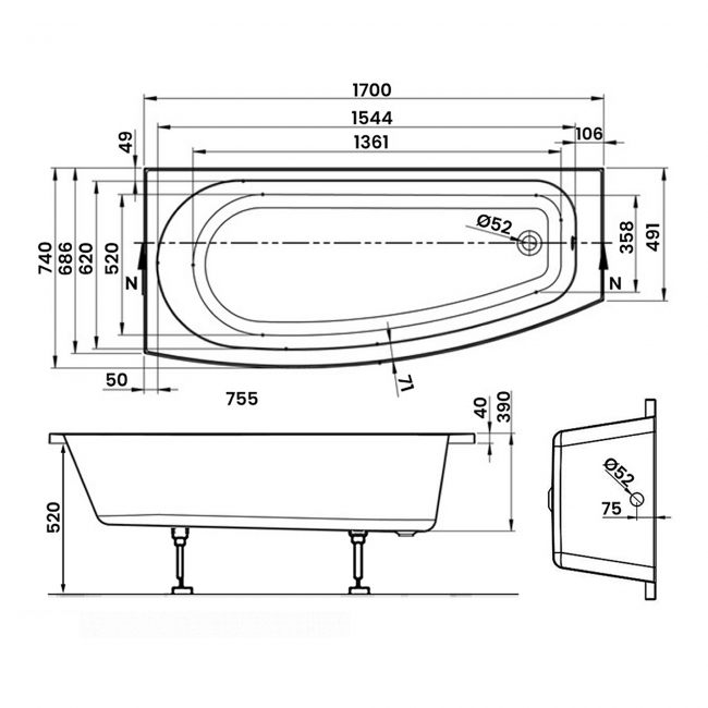 Signature Sustain Spacesaver Rectangular Shower Bath with Front Panel and Screen 1700mm x 740mm Left Handed