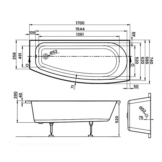 Signature Sustain Spacesaver Rectangular Shower Bath with Front Panel and Screen 1700mm x 740mm Right Handed