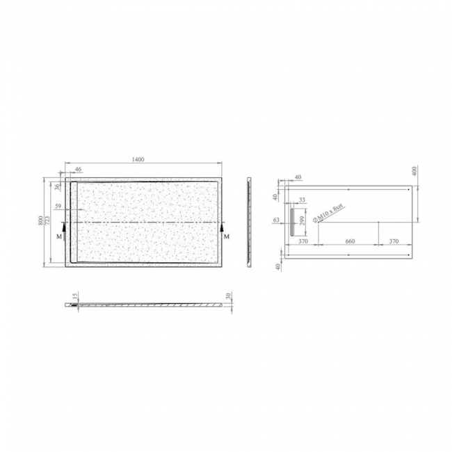Signature Terrain Linear White Slate Rectangular Shower Tray 1400mm x 800mm (inc Waste)  | Dimension Image