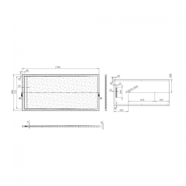 Signature Terrain Linear White Slate Rectangular Shower Tray 1700mm x 800mm (inc Waste)  | Dimension Image