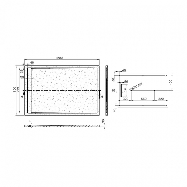Signature Terrain Linear Black Slate Rectangular Shower Tray 1200mm x 800mm (inc Waste)  | Dimension Image