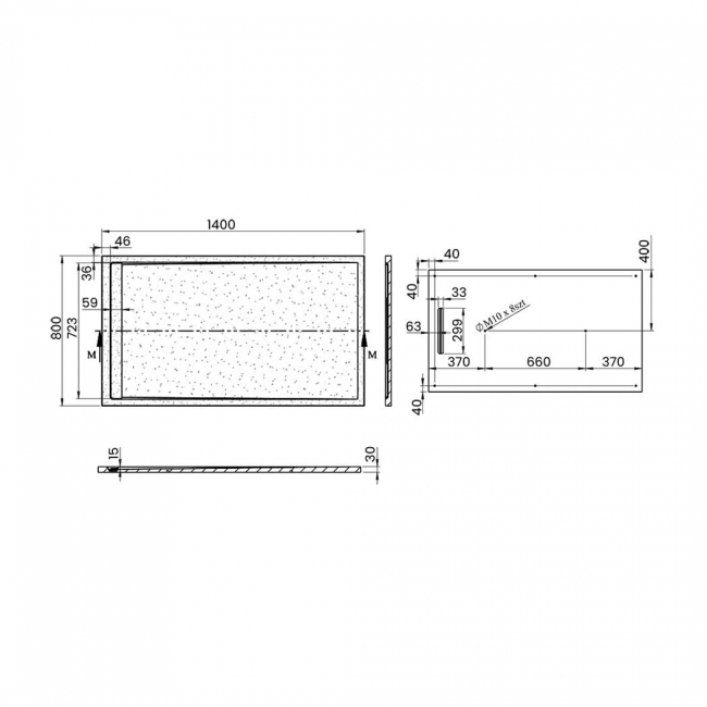 Signature Terrain Linear Black Slate Rectangular Shower Tray 1400mm x 800mm (inc Waste)  | Dimension Image