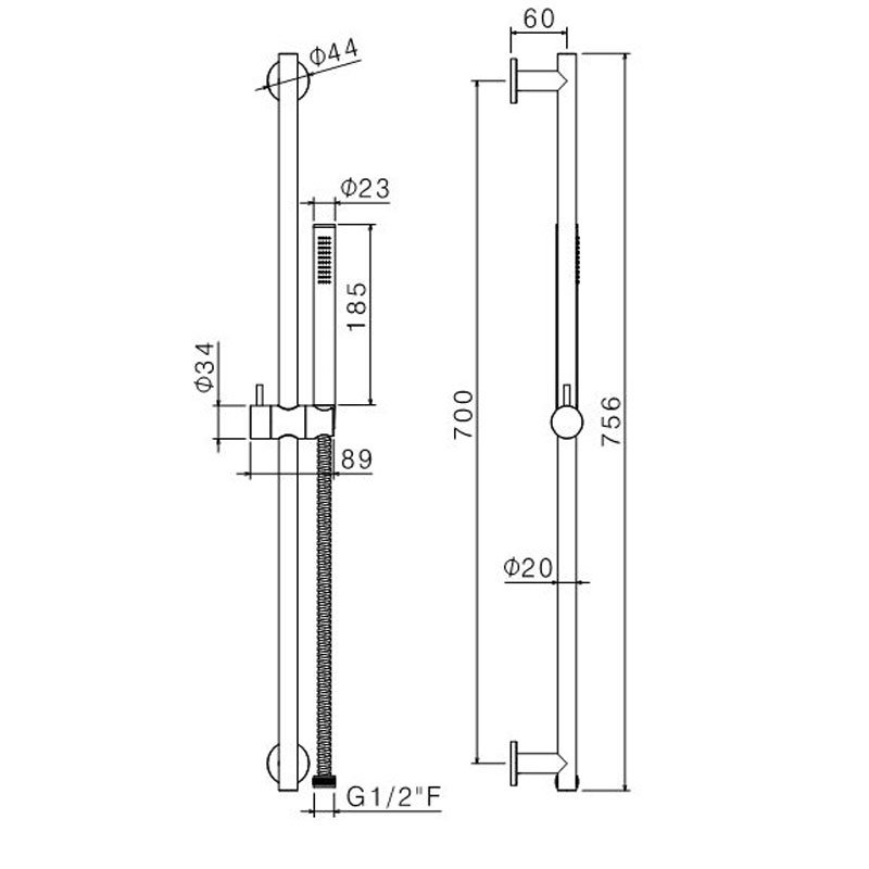 Vema Tiber Shower Slide Rail Kit with Pencil Handset - Stainless Steel