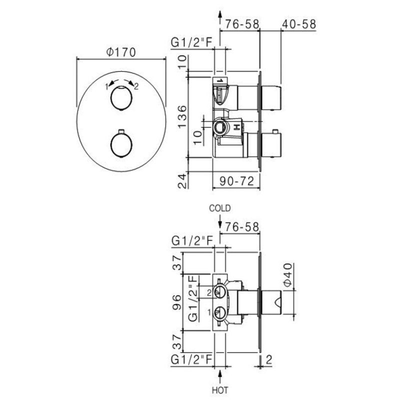 Vema Tiber Thermostatic 2 Outlet Concealed Shower Valve Dual Handle - Stainless Steel