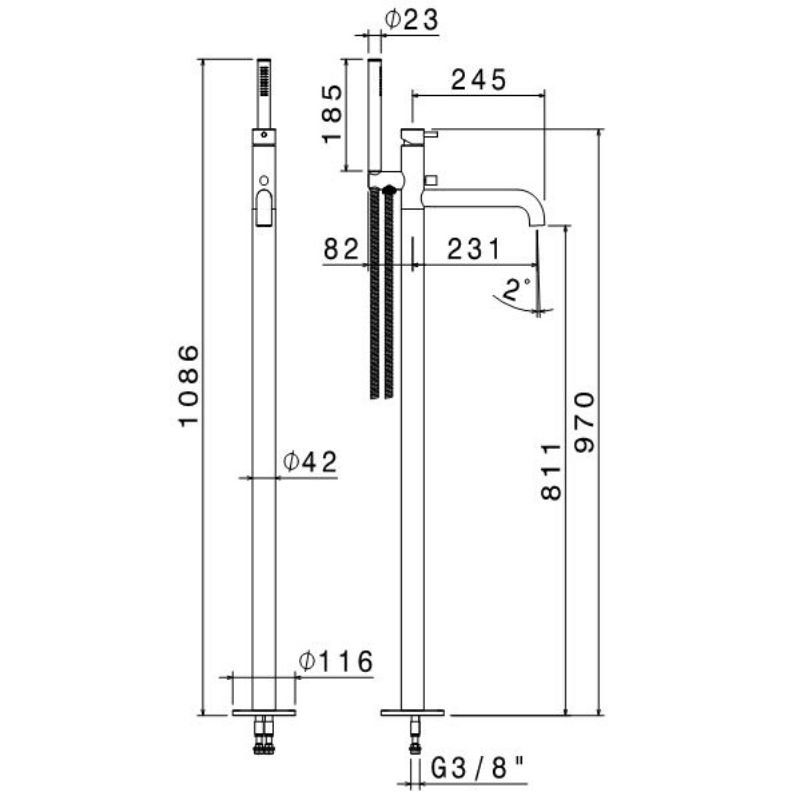 Vema Tiber Freestanding Bath Shower Mixer Tap with Shower Kit - Stainless Steel