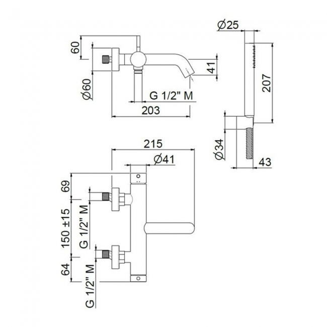 Vema Tiber Bath Shower Mixer Tap with Kit Wall Mounted - Stainless Steel